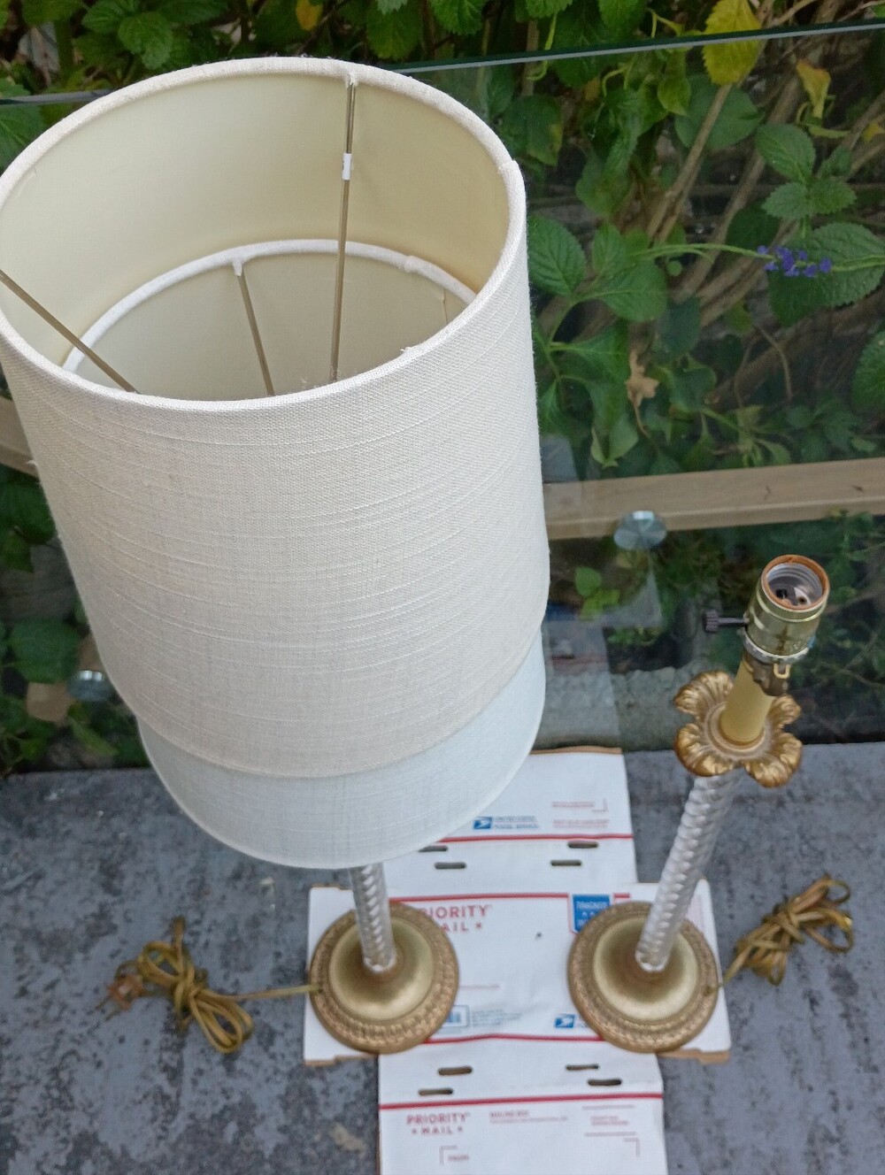 Vintage Gold and Cream Glass-Column Lantern Lamps - Pair - Picture 3 of 3